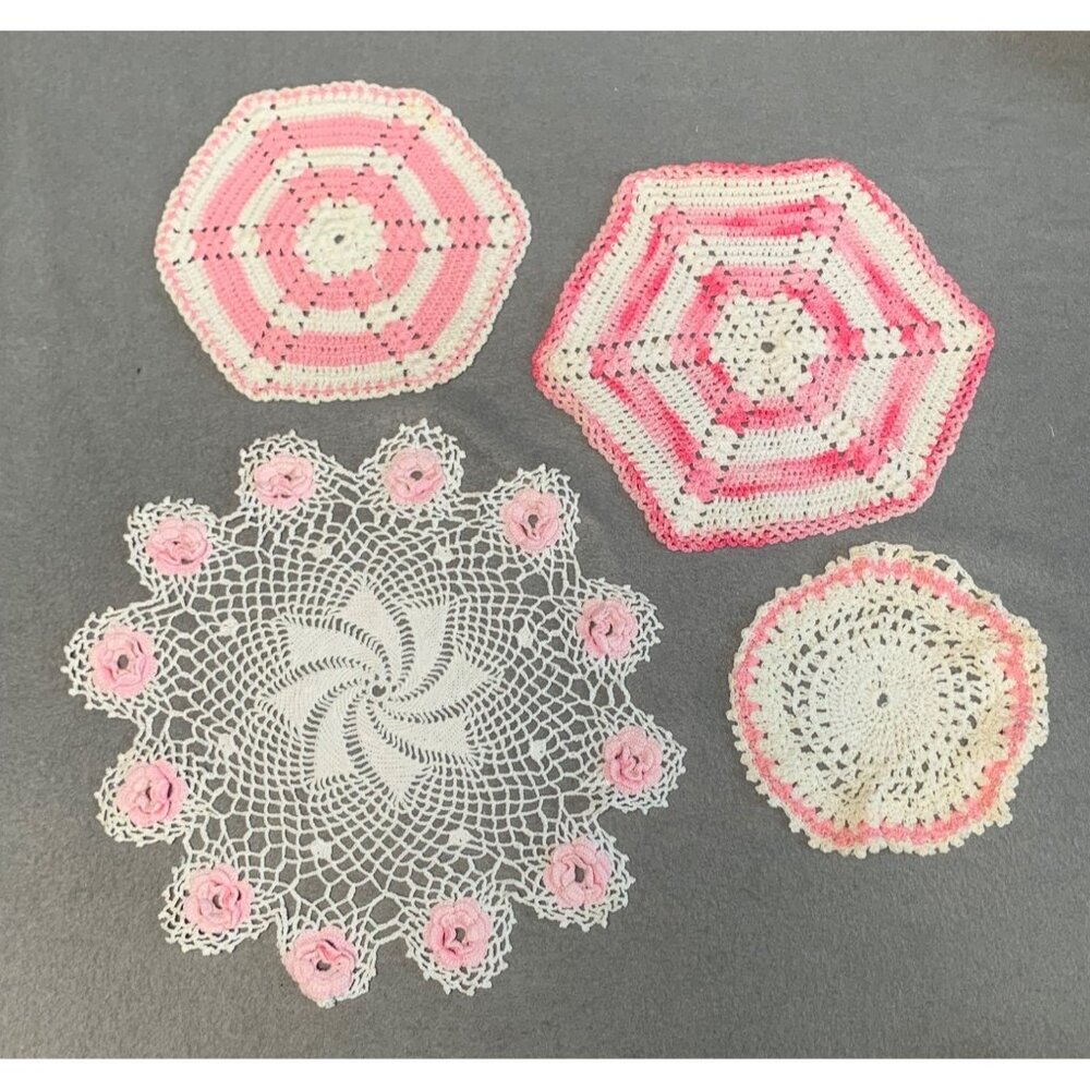 Handmade Crochet Doilies Set Of 4 Pink & White Vintage Style Decorative
